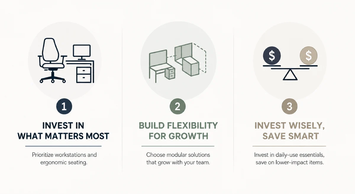 Smart office furniture planning: invest in workstations, build for growth, and save where it matters less.